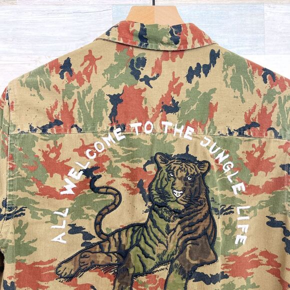 Zara Man Camo Denim Shirt Brown Embroidered Tiger Relaxed Fit Casual Mens Small - Picture 4 of 11